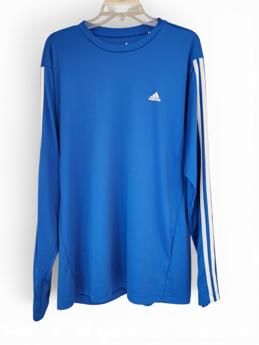 adidas Men’s Long-Sleeve Royal Blue Athletic Tee with White Stripes